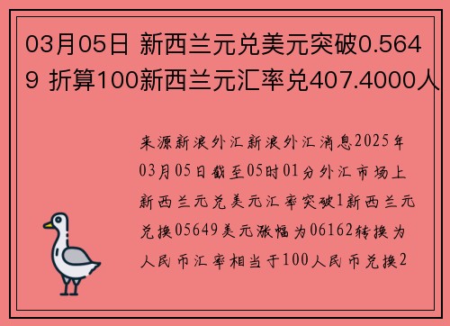 03月05日 新西兰元兑美元突破0.5649 折算100新西兰元汇率兑407.4000人民币