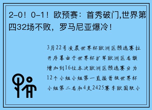 2-0！0-1！欧预赛：首秀破门,世界第四32场不败，罗马尼亚爆冷！