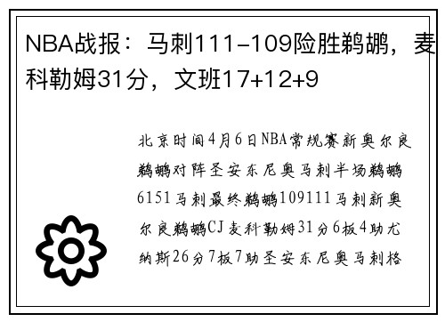 NBA战报：马刺111-109险胜鹈鹕，麦科勒姆31分，文班17+12+9