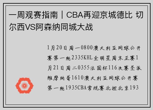 一周观赛指南｜CBA再迎京城德比 切尔西VS阿森纳同城大战
