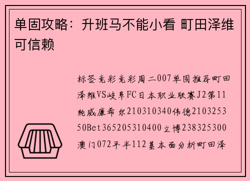 单固攻略：升班马不能小看 町田泽维可信赖