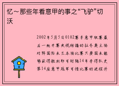 忆～那些年看意甲的事之“飞驴”切沃