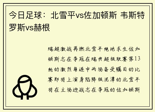 今日足球：北雪平vs佐加顿斯 韦斯特罗斯vs赫根